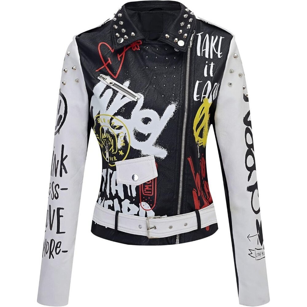Women White Studded Rivet Floral Biker Short Lapel Coat Leather Jacket - Picture 8 of 8